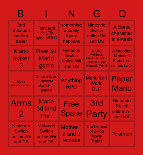 Nintendo Direct Bingo Card
