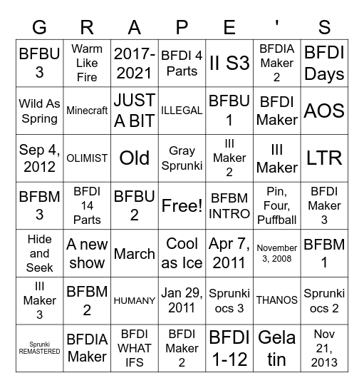 GrapeJuiceTV Bingo Card