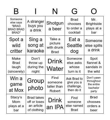 Bradchelor Party Bingo Card