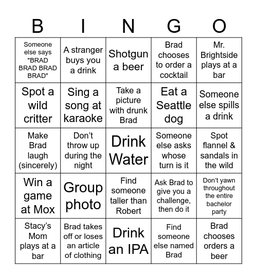 Bradchelor Party Bingo Card