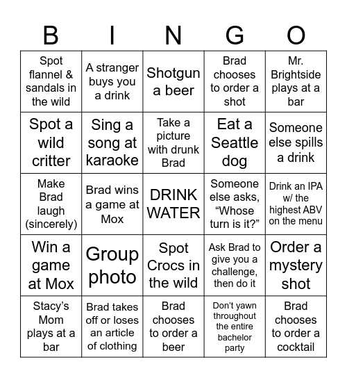 Bradchelor Party Bingo Card