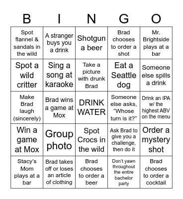 Bradchelor Party Bingo Card