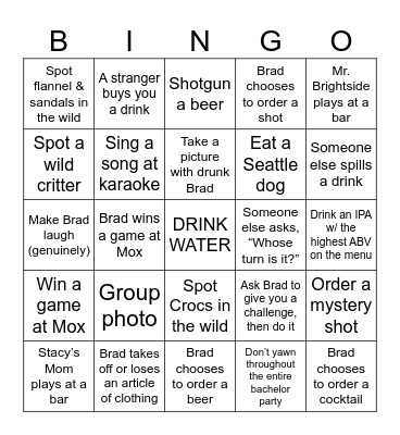 Bradchelor Party Bingo Card