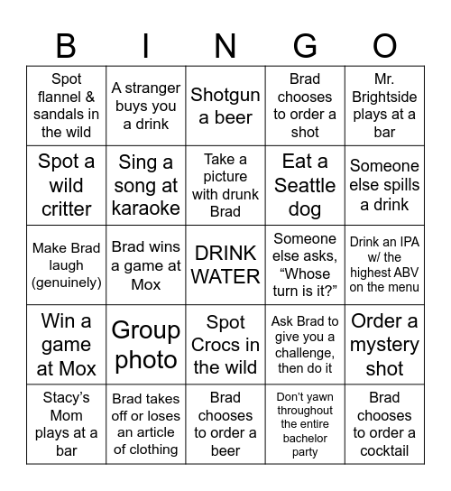 Bradchelor Party Bingo Card