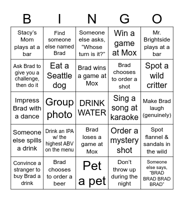 Bradchelor Party Bingo Card