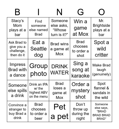 Bradchelor Party Bingo Card