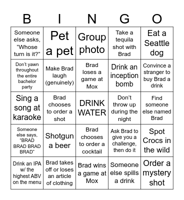 Bradchelor Party Bingo Card