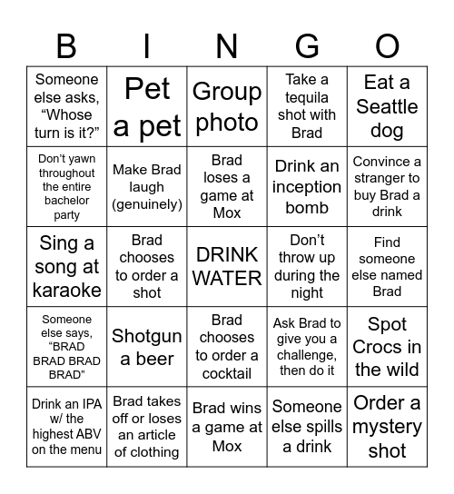Bradchelor Party Bingo Card
