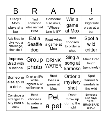 Bradchelor Party Bingo Card