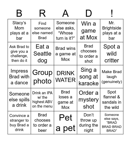 Bradchelor Party Bingo Card
