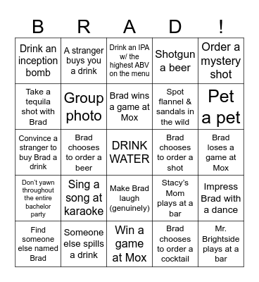 Bradchelor Party Bingo Card