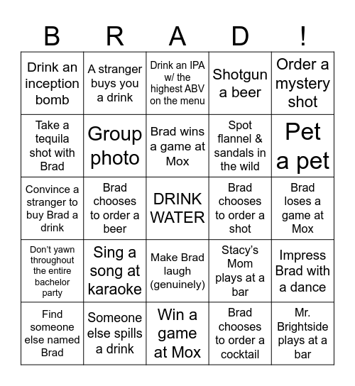 Bradchelor Party Bingo Card