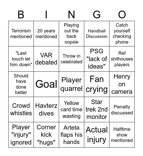 UCL Final Bingo Card