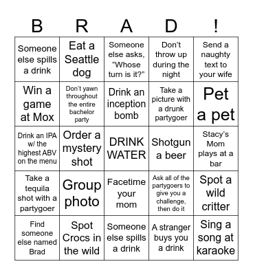 Bradchelor Party Bingo Card