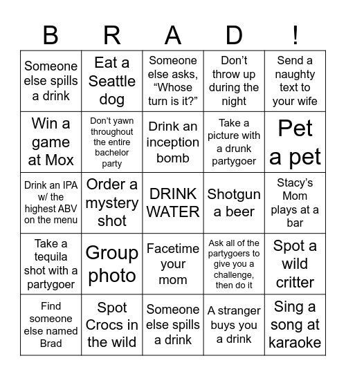 Bradchelor Party Bingo Card