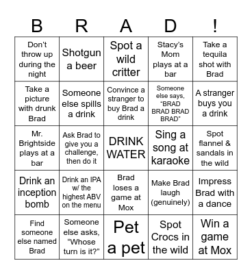 Bradchelor Party Bingo Card