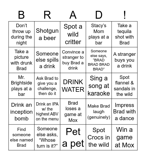 Bradchelor Party Bingo Card