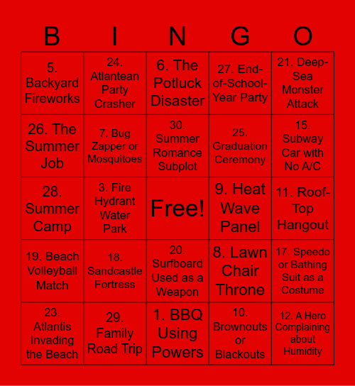 Marvel Summer Comics Bingo Card