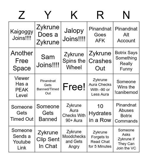 Zykrune Bingo Card
