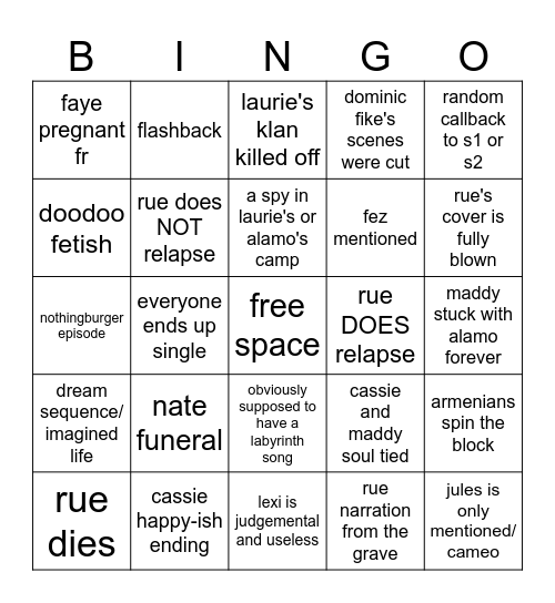 euphoria 3x8 Bingo Card