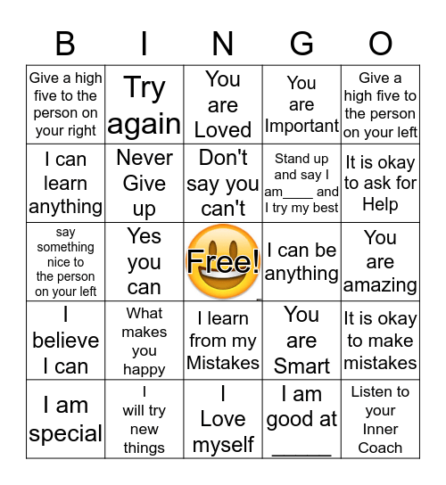 Self-esteem Bingo Card