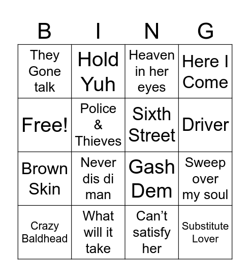 Reggae Bingo Card