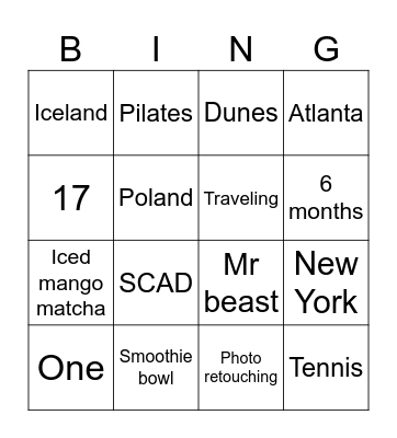 Ashley’s bingo Card