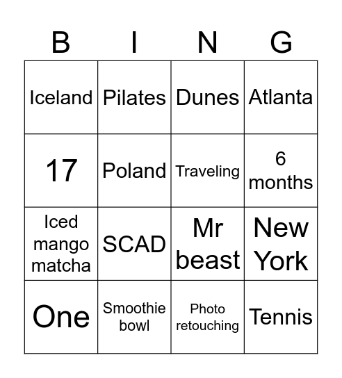 Ashley’s bingo Card