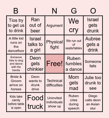 Ruben's Wedding Bingo Card