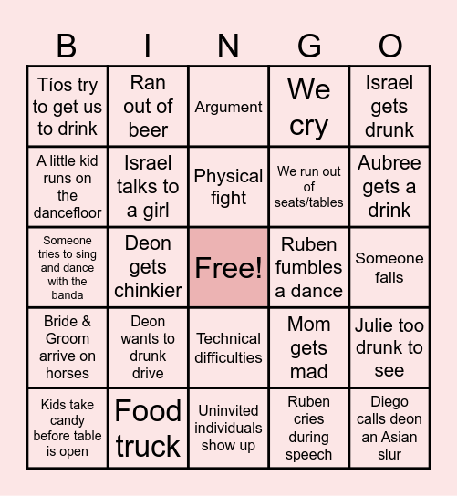 Ruben's Wedding Bingo Card