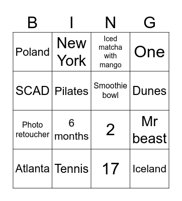 Ashley’s  Bingo Card