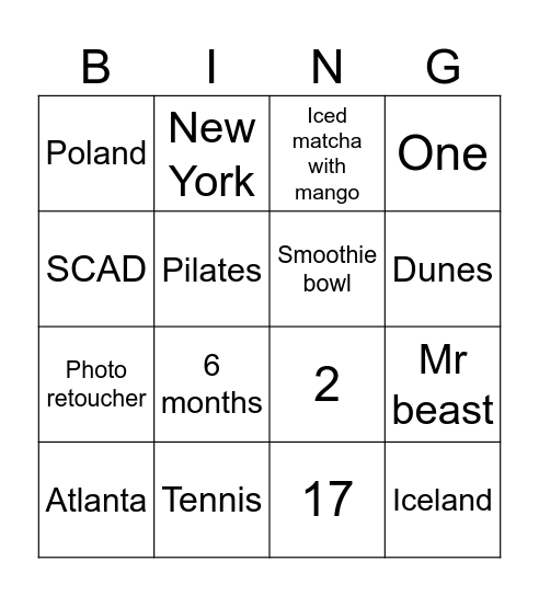 Ashley’s  Bingo Card