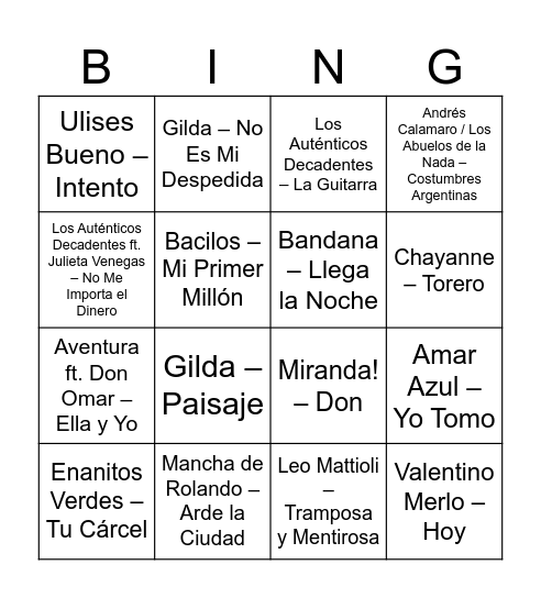 Bingo Musical de Flor! Bingo Card
