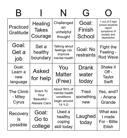 Mental Wellness Bingo Card