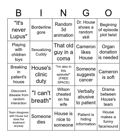 House M.D. Bingo Card