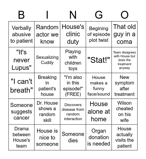 House M.D. Bingo Card