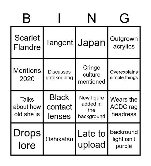 Addyharajuku Bingo Card