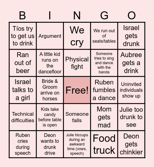 Ruben's Wedding Bingo Card