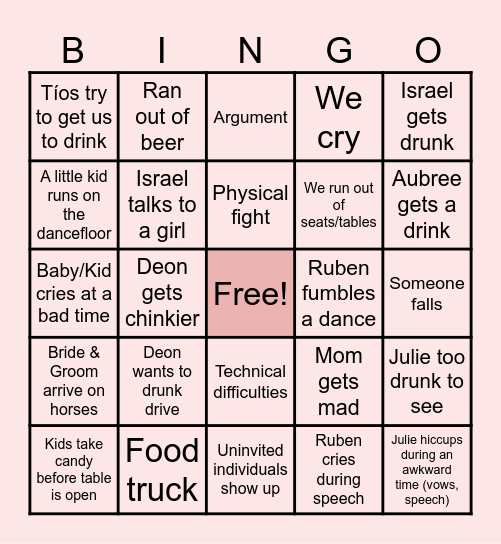 Ruben's Wedding Bingo Card