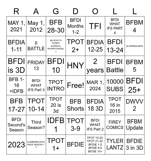 RAGDOLLS 2 Bingo Card