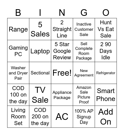 Rent A Center Bingo Card