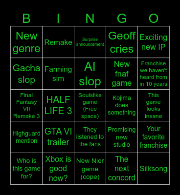Summer games showcase Bingo Card