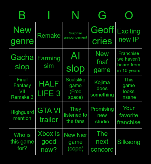 Summer games showcase Bingo Card