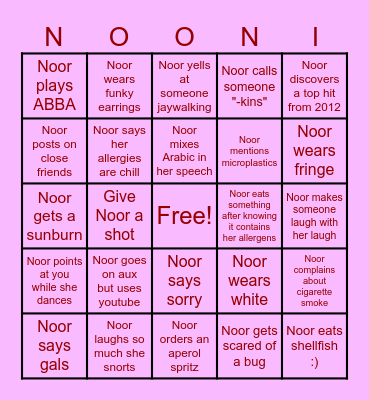 <3  Noorita's Bachelorette <3 Bingo Card
