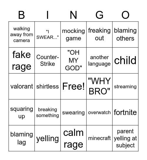 gamer rage bingo Card