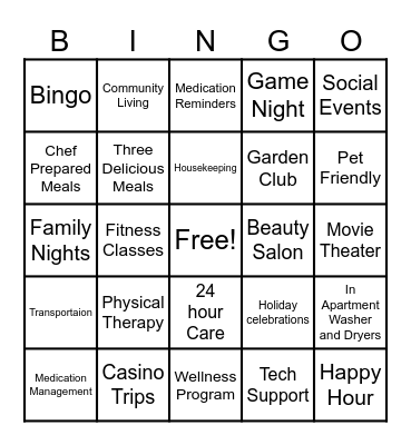 Senior Living Bingo Card