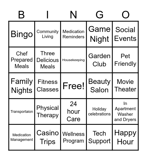Senior Living Bingo Card