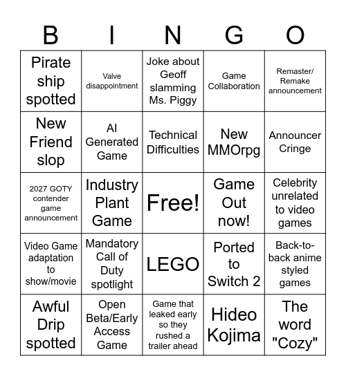 Summer Game Fest 2026 Bingo Card