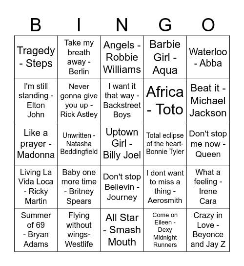 Musical Bingo Card
