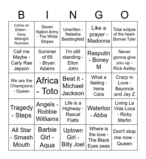Musical Bingo Card